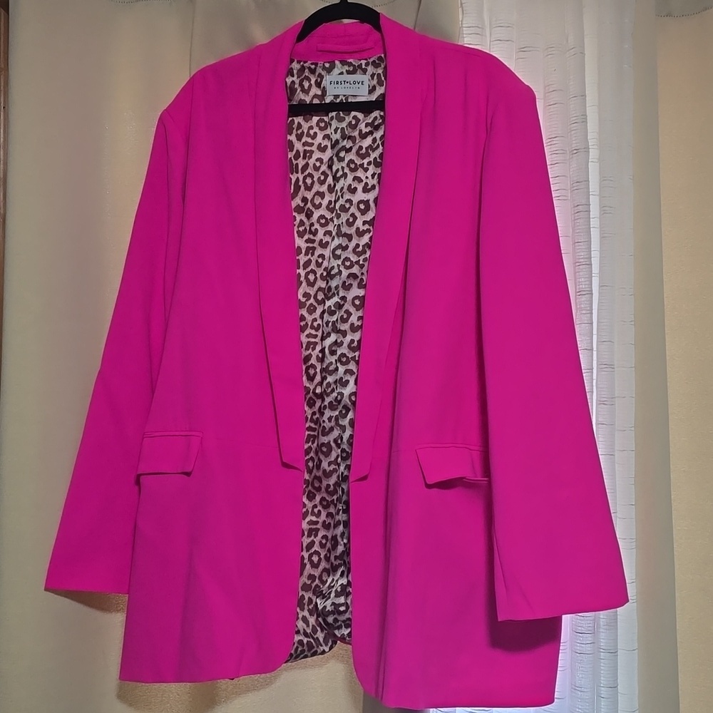 First Love Hot Pink Open Front Blazer with Leopard Lining